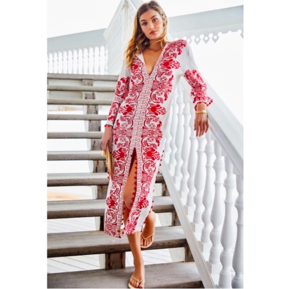 MISA WHITE RED EMBROIDERED SEVA CALIA POM POM TRIM TUNIC MAXI DRESS - Picture 10 of 11